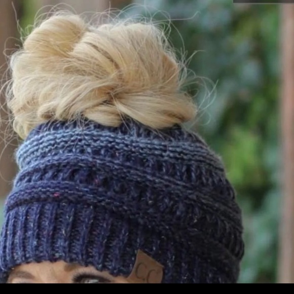CC Accessories - CC navy blue  messy bun ponytail beanie hat